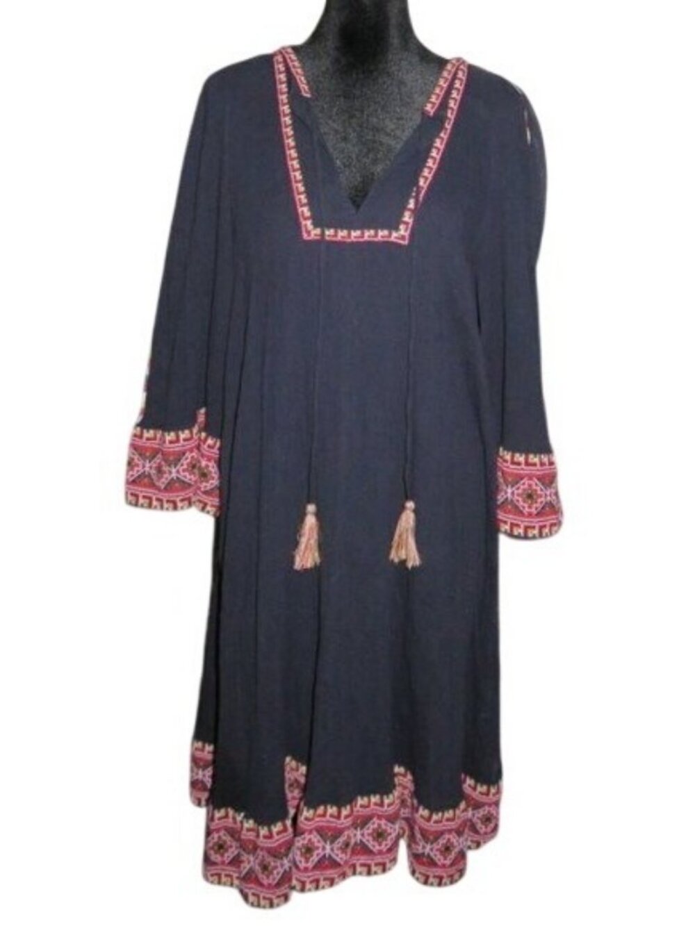 Wild Fable Black Floral Trimmed Boho Tassel Midi Dress Size Large